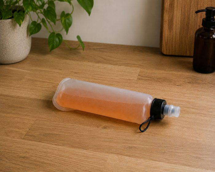 Flasque souple couchée sur un plan de travail en bois, remplie d'une boisson d'effort, avec une plante en arrière-plan