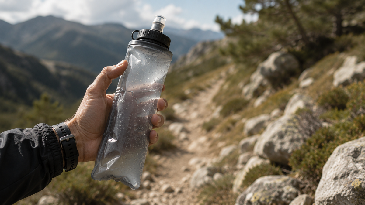 Poche à eau souple tenue à la main sur un sentier de randonnée en montagne