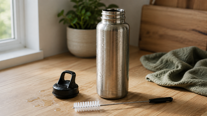 Gourde en inox démontée avec bouchon et brosse de nettoyage sur un plan de travail en bois
