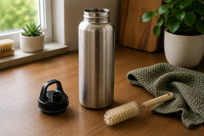 Gourde en inox avec bouchon retiré et brosse de nettoyage posée sur un plan de travail en bois