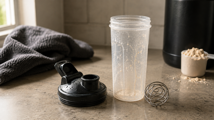 Shaker de protéines démonté avec couvercle, boule de mélange et résidus visibles