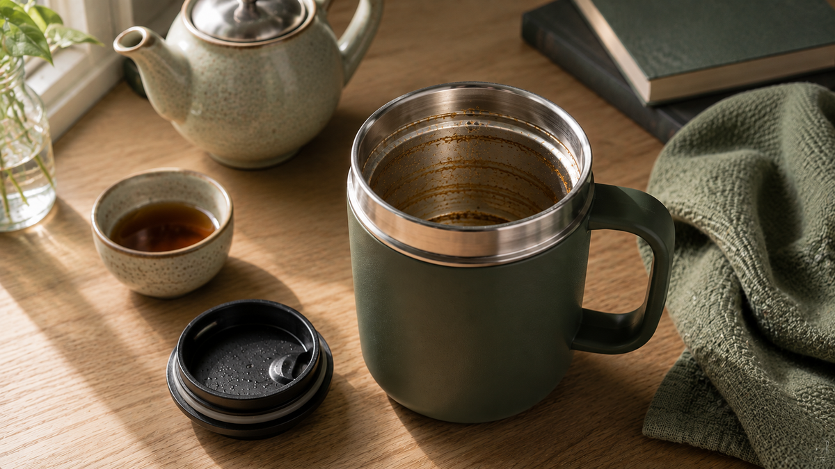 Mug isotherme ouvert laissant apparaître des traces de thé à l'intérieur, avec théière en arrière-plan
