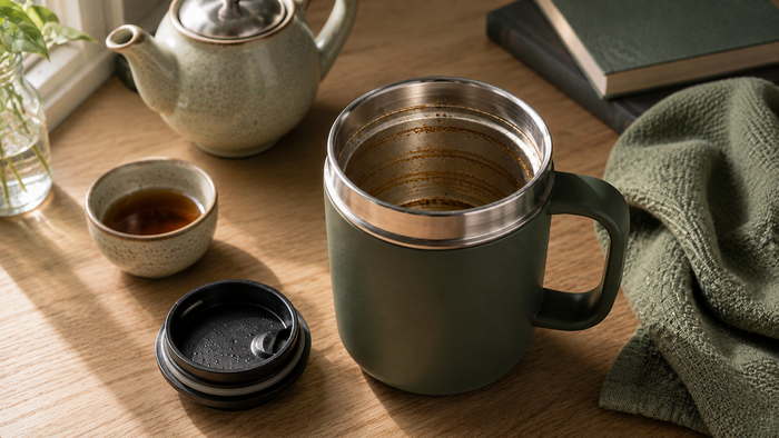 Mug isotherme ouvert laissant apparaître des traces de thé à l'intérieur, avec théière en arrière-plan